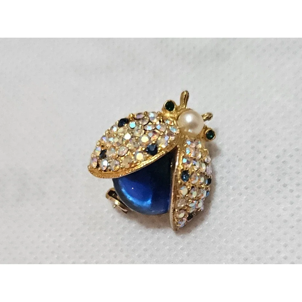Sparkling Ladybug Brooch Pin Rhinestone Pearl Blue‎ Gemstone Gold Tone
